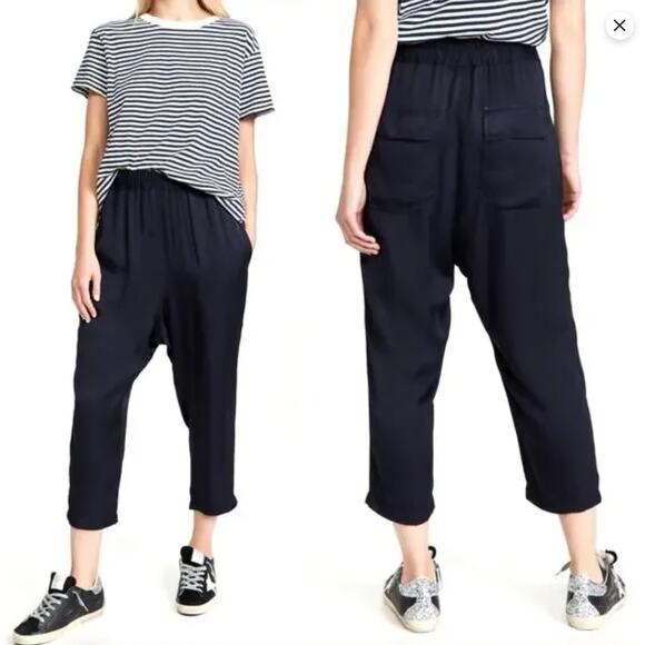 Nili Lotan XS Slouchy Elastic Waist LINEN Luna Pant Crop Black Drop Crotch 0 2 - Picture 1 of 9